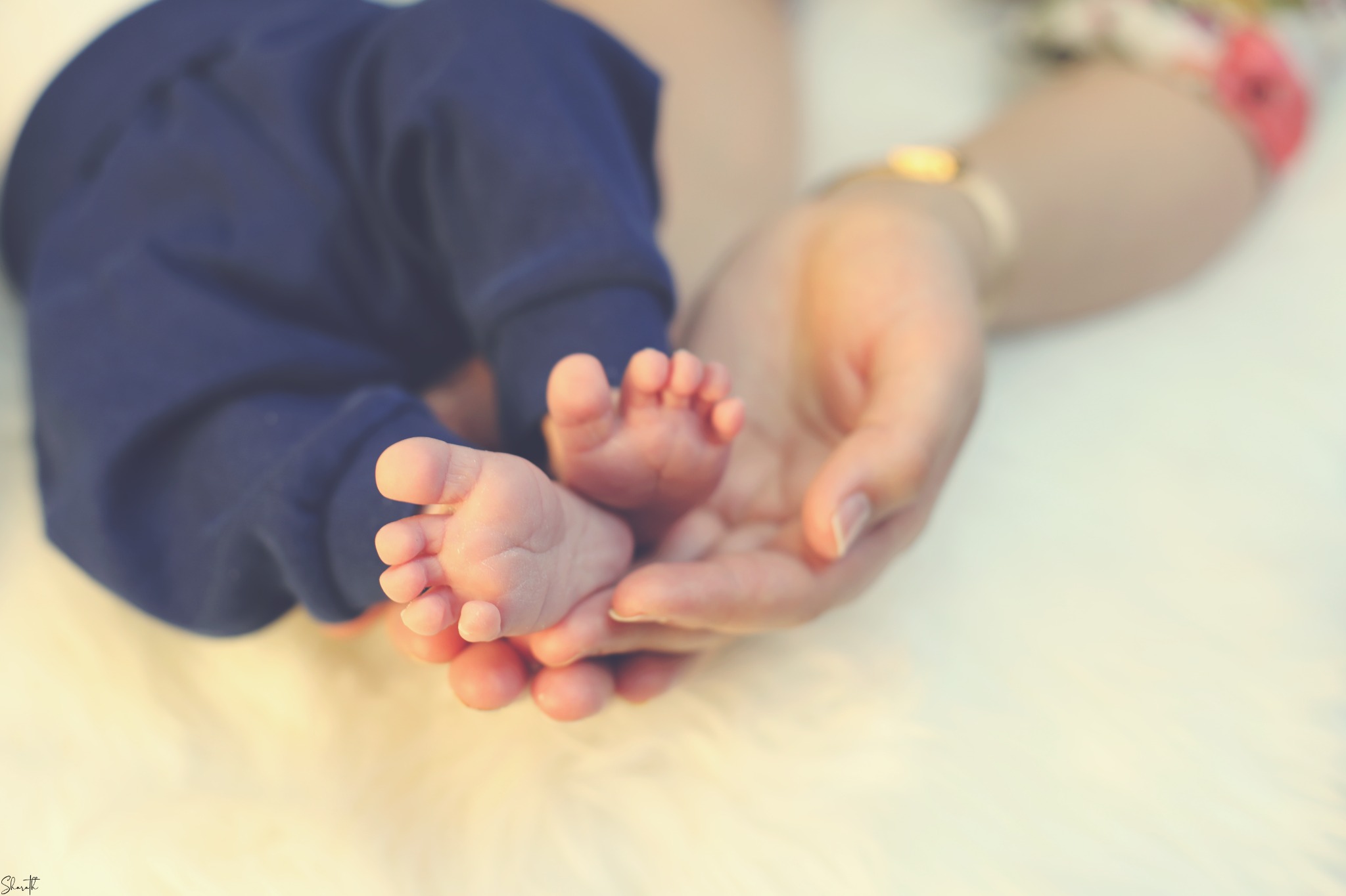 Newborn feet resting gently in a parent's hands