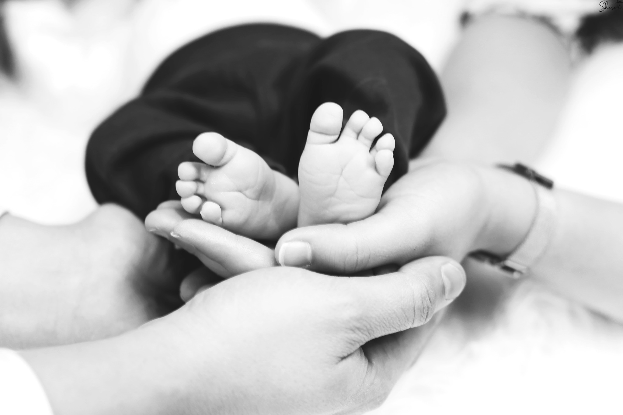 Black and white newborn portrait, held close in a parent's hands